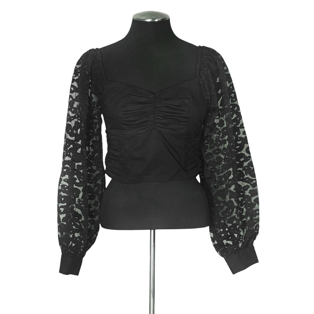 🆕 Zara - Black Animal Print Organza Mesh Puff Sleeve Ruched Top - Small